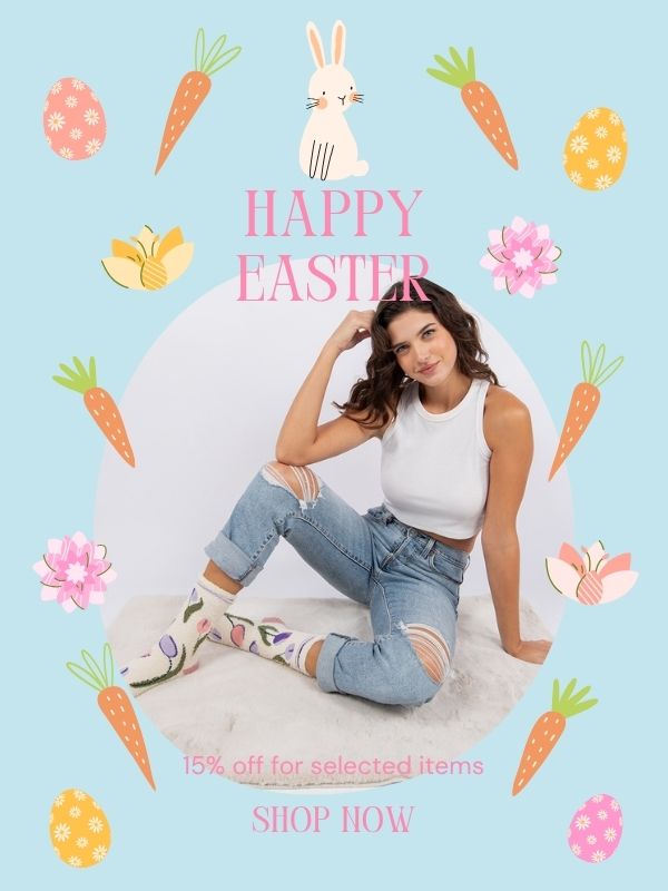 Woman sitting on a cloud with Easter-themed decorations and text on a light blue background