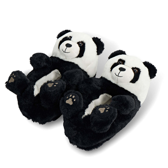 Pair of panda-shaped slippers on a white background