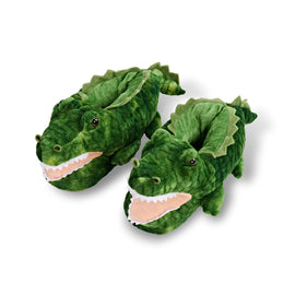 Green alligator-shaped slippers on a white background for kids