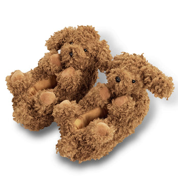 Pair of women's plush slippers with doodle dog design 
