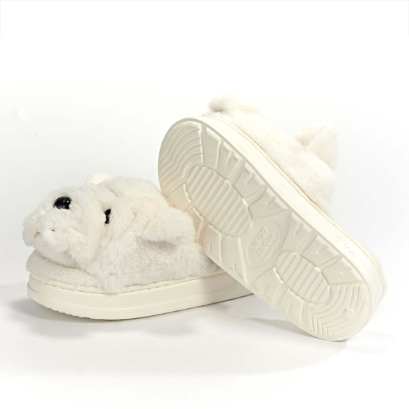 Plush white bulldog slippers with textured grip sole, upright snout, and side-laid pair—funny dog slippers for indoor comfort.