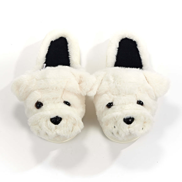 Front-facing plush white bulldog slippers with black eyes, stitched snouts, and black-lined interiors—funny dog slippers for cozy wear.