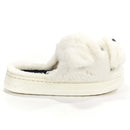 Side view of plush white bulldog slipper with raised ears, EVA sole, and pink tongue—funny dog house shoes for cozy lounging.