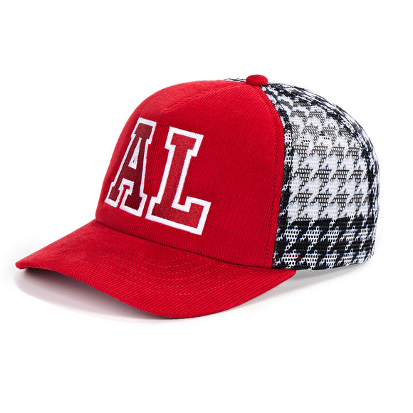 AL crimson corduroy trucker hat