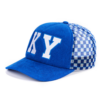 KY blue and white checkerboard trucker hat