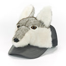 Gray wolf-themed hat with white fur on a white background