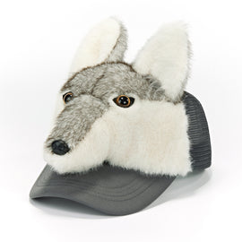 Gray wolf-themed hat with white fur on a white background