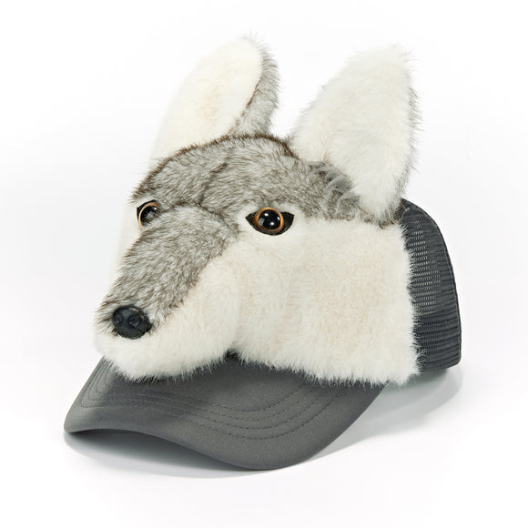 Gray wolf-themed hat with white fur on a white background