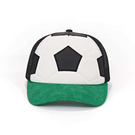 Trucker hat with black and green design on a white background