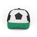 Trucker hat with black and green design on a white background