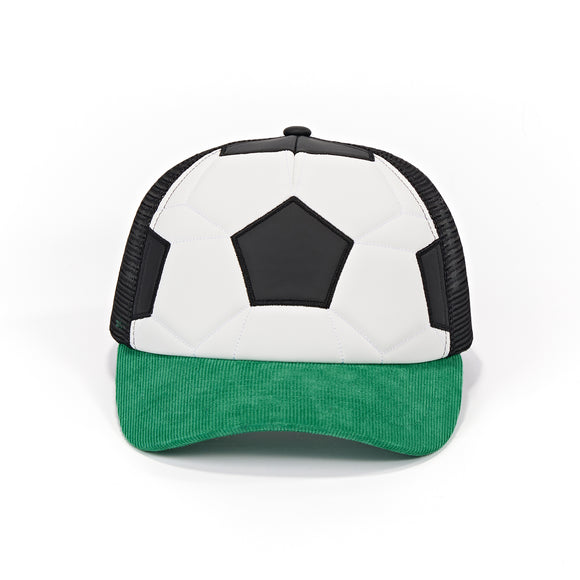Trucker hat with black and green design on a white background