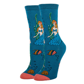 Blue socks with mermaid design on a white background