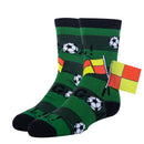 Green socks with soccer ball and referee flag pattern on a white background